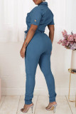 Light Blue Fashion Casual Solid Patchwork With Belt Turndown Collar Regular Jumpsuits