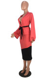 Red Fashion Casual Patchwork With Belt Long Sleeve Two Pieces