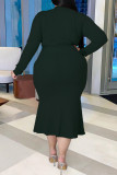 Army Green Fashion Casual Solid With Belt V Neck Long Sleeve Plus Size Dresses