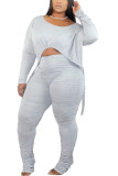 Grey Sexy Solid Draw String Fold O Neck Long Sleeve Regular Sleeve Longer In The Rear Two Pieces