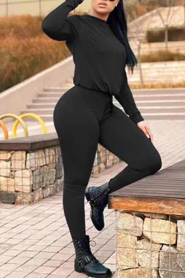 Black Casual Solid Patchwork O Neck Long Sleeve Two Pieces