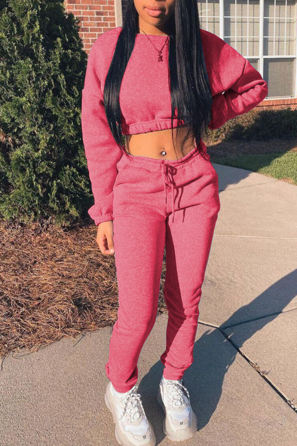 Pink Casual Solid Patchwork O Neck Long Sleeve Two Pieces
