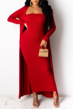 Red Fashion Sexy Solid Cardigan Long Sleeve Two Pieces