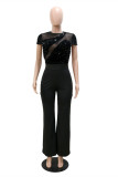 Black Fashion Casual Patchwork Sequins See-through O Neck Regular Jumpsuits
