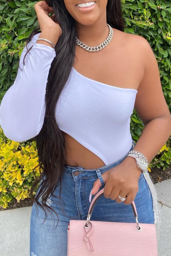 White Sexy Casual Solid Backless Asymmetrical Oblique Collar Tops
