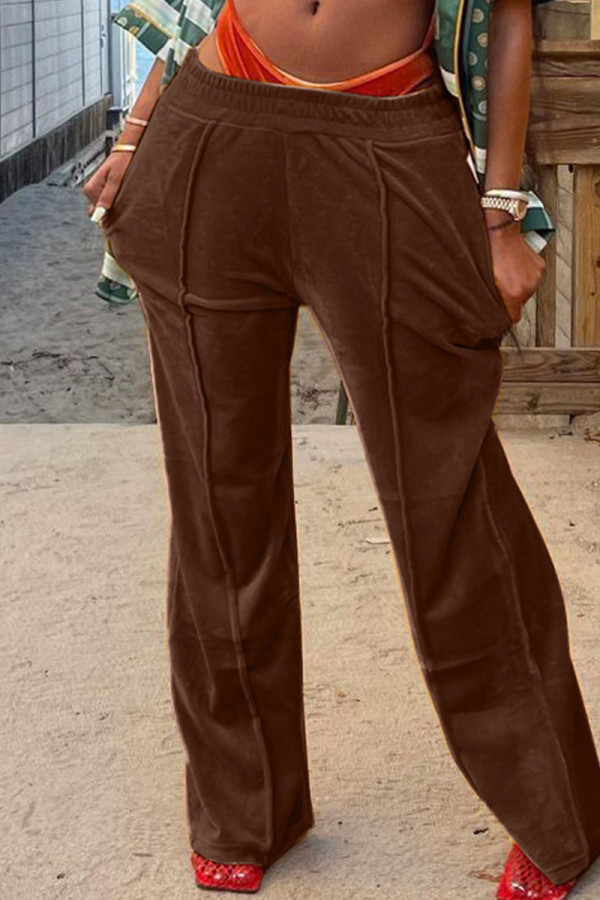 Dark Brown Casual Solid Patchwork Straight High Waist Straight Solid Color Bottoms