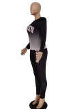 Tangerine Red Casual Print Patchwork O Neck Long Sleeve Two Pieces