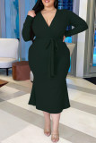 Black Fashion Casual Solid With Belt V Neck Long Sleeve Plus Size Dresses
