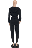Black Casual Print Patchwork Hooded Collar Long Sleeve Two Pieces