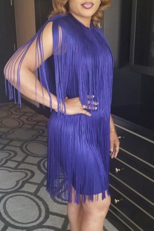 Purple Casual Solid Tassel Patchwork Zipper O Neck Dresses
