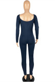 Navy Fashion Casual Solid Basic V Neck Skinny Jumpsuits