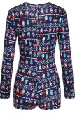 Blue Fashion Casual Print Basic V Neck Long Sleeve Skinny Romper