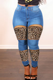 Deep Blue Street Print Leopard Hollowed Out Patchwork High Waist Regular Denim Jeans