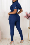 Light Blue Fashion Casual Solid Patchwork With Belt Turndown Collar Regular Jumpsuits