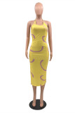 Yellow Fashion Sexy Print Backless Halter Sleeveless Dress