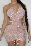 Pink Fashion Sexy Patchwork Bandage Sequins Backless Halter Sleeveless Dress