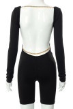Black Sexy Solid Patchwork Chains Backless U Neck Regular Rompers