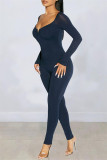 Navy Fashion Casual Solid Basic V Neck Skinny Jumpsuits