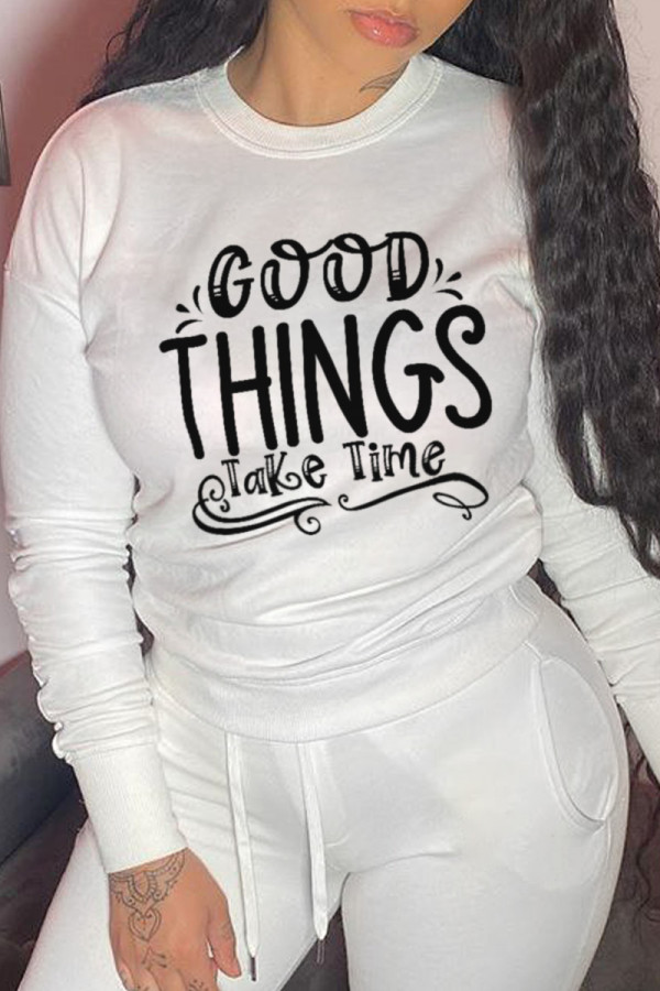 White Casual Daily Print Patchwork Letter O Neck Tops