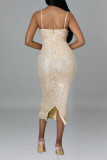 Apricot Fashion Sexy Patchwork Sequins Backless Slit Spaghetti Strap Long Dress