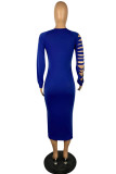 Blue Fashion Casual Letter Print Ripped O Neck Long Sleeve Dresses