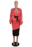 Red Fashion Casual Patchwork With Belt Long Sleeve Two Pieces