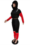 Red Gray Fashion Casual Patchwork Hollowed Out Zipper Hooded Collar Long Sleeve Two Pieces