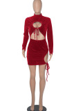 Red Sexy Solid Hollowed Out Patchwork Frenulum Half A Turtleneck One Step Skirt Dresses