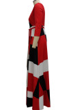Red Black Casual Elegant Color Lump Print Bandage Patchwork V Neck Straight Dresses