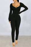 Navy Fashion Casual Solid Basic V Neck Skinny Jumpsuits