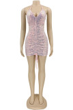 Pink Fashion Sexy Patchwork Bandage Sequins Backless Halter Sleeveless Dress