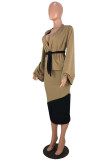 Red Fashion Casual Patchwork With Belt Long Sleeve Two Pieces