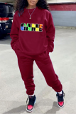 Burgundy Street Print Letter O Neck Long Sleeve Two Pieces