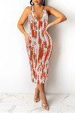 Orange Fashion Sexy Print Backless Halter Sleeveless Dress