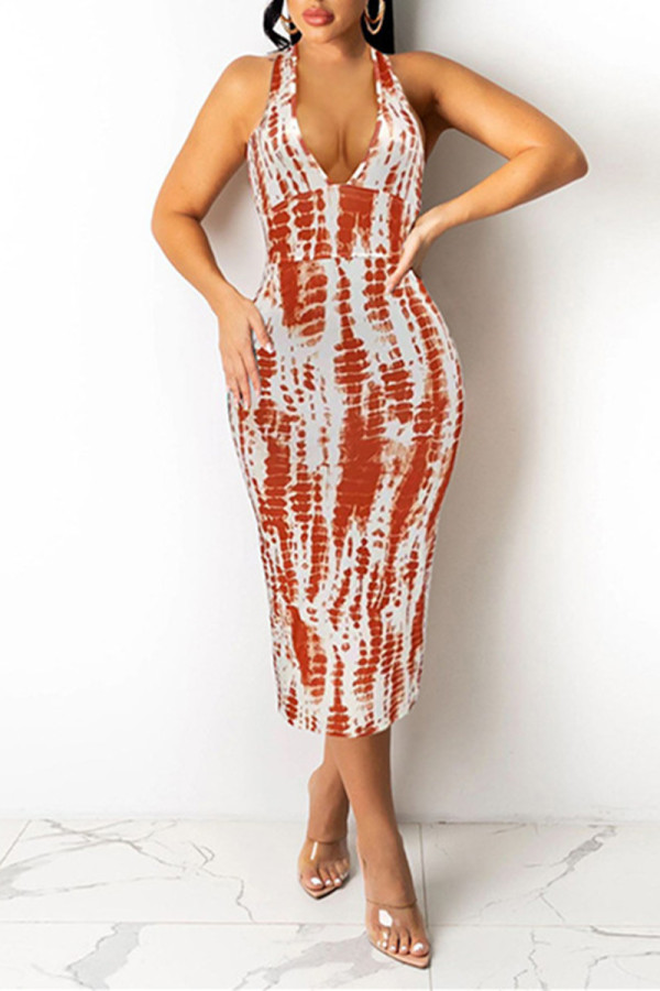 Orange Fashion Sexy Print Backless Halter Sleeveless Dress