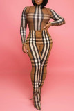 Khaki Fashion Casual Plaid Print Basic Turtleneck Long Sleeve Two Pieces