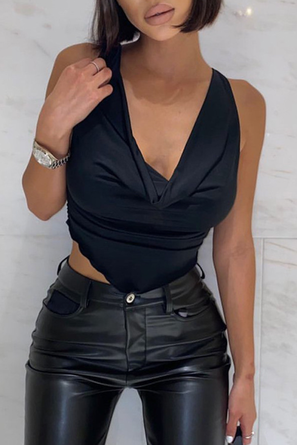 Black Sexy Solid Patchwork V Neck Tops