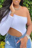 White Sexy Casual Solid Backless Asymmetrical Oblique Collar Tops