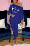 Blue Casual Print Patchwork Asymmetrical Oblique Collar Nine Points Sleeve Two Pieces