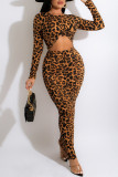 Leopard Print Fashion Sexy Print Leopard Hollowed Out O Neck Long Sleeve Dresses