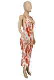Orange Fashion Sexy Print Backless Halter Sleeveless Dress
