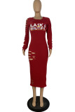 Blue Fashion Casual Letter Print Ripped O Neck Long Sleeve Dresses