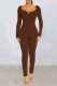 Brown Fashion Casual Solid Basic V Neck Skinny Jumpsuits