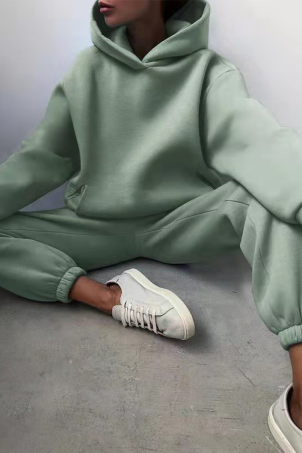 Green Casual Print Patchwork Hooded Collar Long Sleeve Two Pieces
