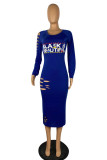 Blue Fashion Casual Letter Print Ripped O Neck Long Sleeve Dresses