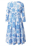 Blue Fashion Casual Print Basic O Neck A Line Dresses