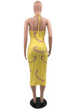 Yellow Fashion Sexy Print Backless Halter Sleeveless Dress