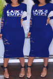 Blue Fashion Casual Letter Print Ripped O Neck Long Sleeve Dresses