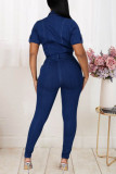 Light Blue Fashion Casual Solid Patchwork With Belt Turndown Collar Regular Jumpsuits