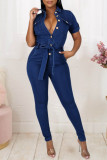 Light Blue Fashion Casual Solid Patchwork With Belt Turndown Collar Regular Jumpsuits